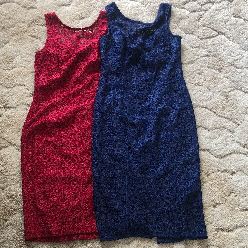 White House Black Market Red & Navy Lace Midi Sheath Dresses